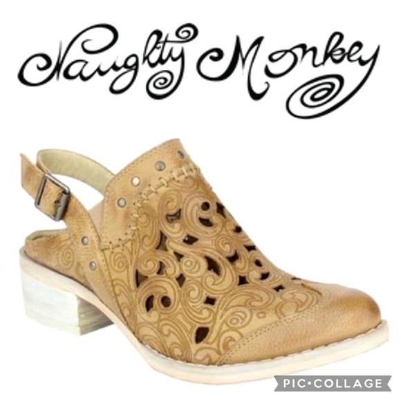 naughty monkey Shoes - NAUGHTY MONKEY “Ms. Kali” Tan Leather Laser Cut Heeled Mule 6.5